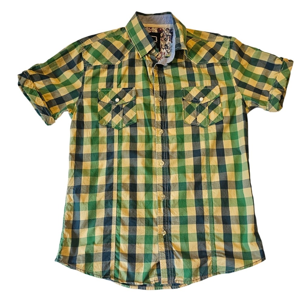 Black‎ Ice Collection Mens Green Yellow Plaid Western Short Sleeve Shirt Size M